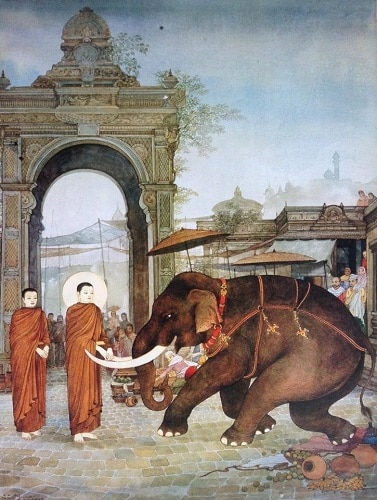 Khi voi điên tấn công Đức Phật, Tôn giả A Nan vẫn luôn bên cạnh Phật không rời.