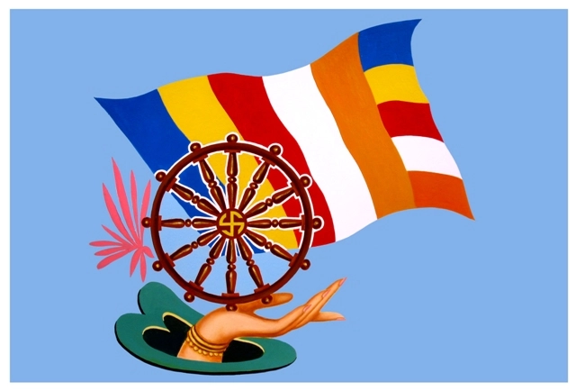 Năm sắc theo chiều dọc lá cờ: xanh đậm, vàng, đỏ, trắng, cam, tượng trưng cho hào quang chư Phật. Năm sắc theo chiều ngang là mầu tổng hợp tượng trưng cho ánh sáng hào quang chư Phật.