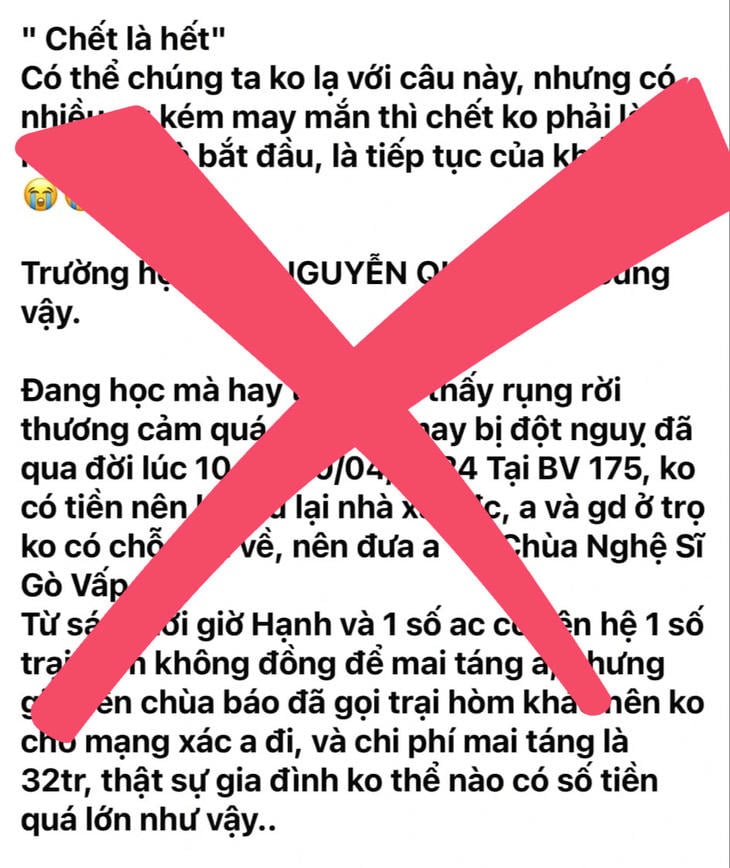 Nội dung bài đăng được nghệ sĩ Trịnh Kim Chi khẳng định là vu khống, bịa đặt